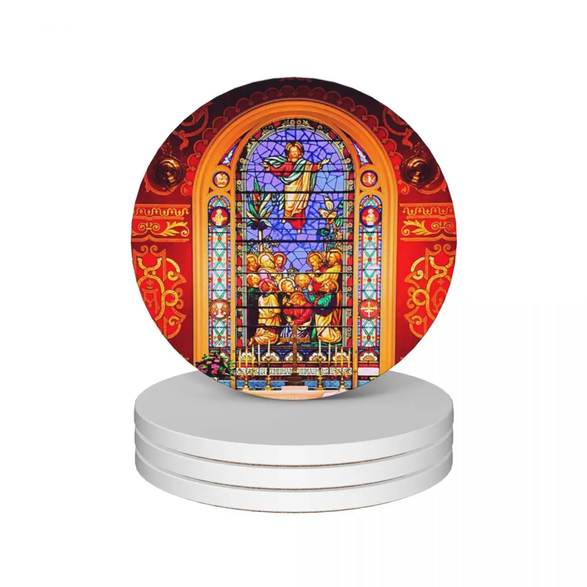 Catholic Altar with Beautiful Stained Glass Ceramic Coasters (Set of 4) cute kitchen supplies pot Coasters