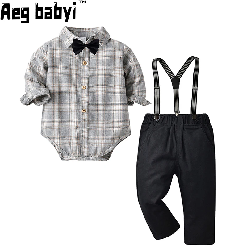 

Baby Clothes Set Autumn nfant Boys Bowtie Long Sleeve Shirt Romper +Suspender Trousers 4Pcs Toddler Formal Gentleman Suit