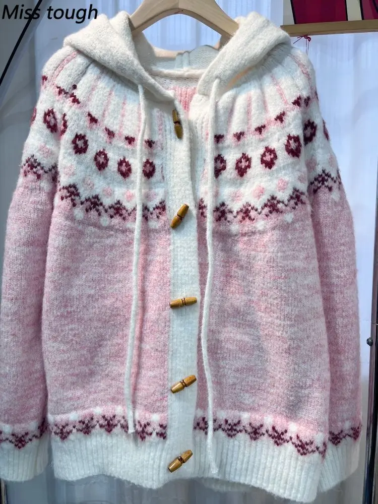 Christmas Knit Kawaii Hooded Cardigan Women's Vintage Pattern Soft Knit Daily Harajuku Sweater Lolita Korean Fashion Y2k Outfits