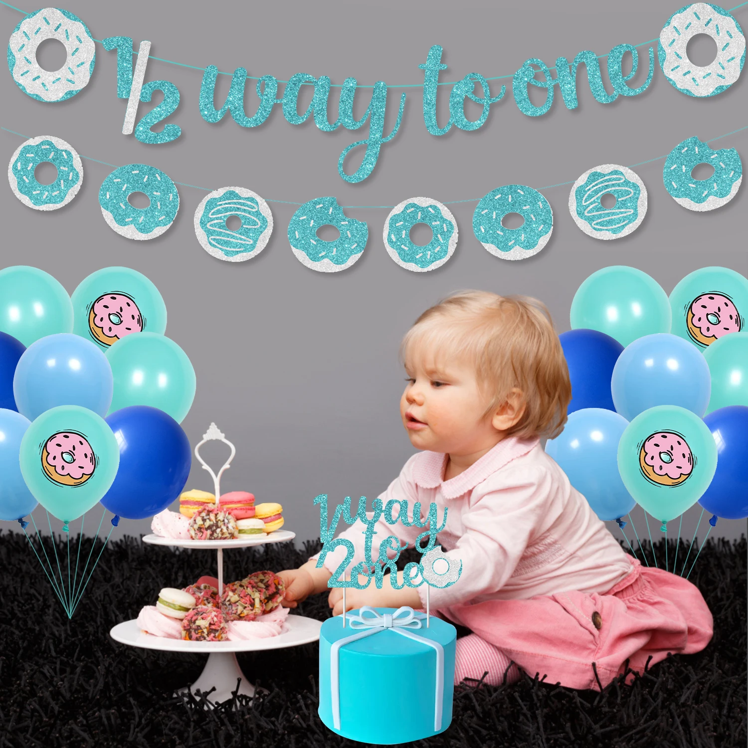 Donut Theme Half Birthday Party Decorations Blue 1/2 Way To One Banner Cake Topper Donut Balloon Set for 6 Months Boys and Girls