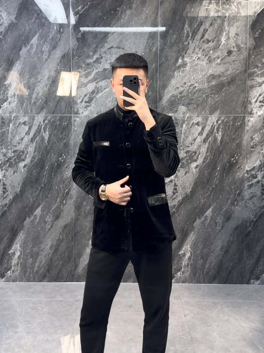 

Мужское вельветовое пальто Busin Sle 2024: осенняя городская мода, длинный рукав, приталенный крой, воротник-стойка, китайский стиль