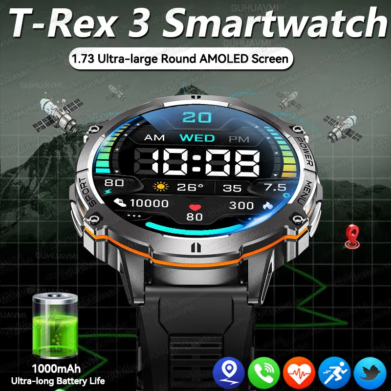 

Новые T-Rex3 спортивные умные часы с сверхбольшим AMOLED-экраном 1,73 дюйма, мужские 100+ спортивных режимов, аккумулятор 1000 мАч, GPS-трек, умные часы