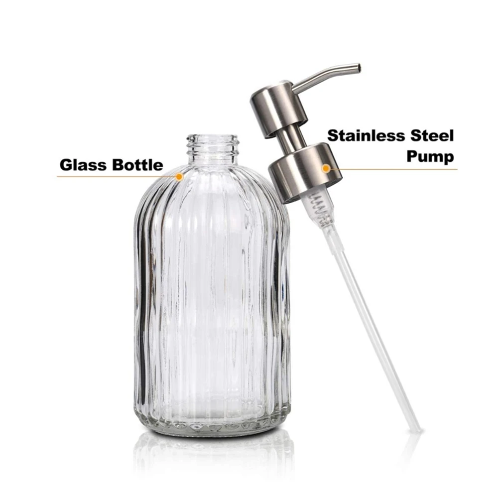 1pcs 400ml Clear Glass Soap Dispenser with Rustproof Stainless Steel Pump Liquid Hand Dish Soap Bottle for Bathroom Kitchen Deco