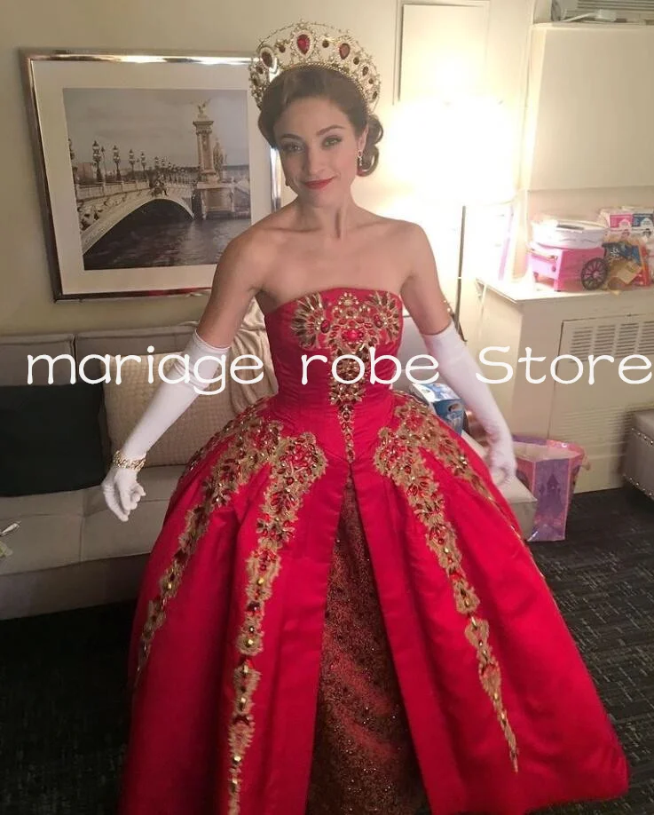 Red Sparkly High Low Movie Prom Dresses Luxury Applique Lace-up Corset Christyaltomare Costune Anastasia Evening Gown Customsize