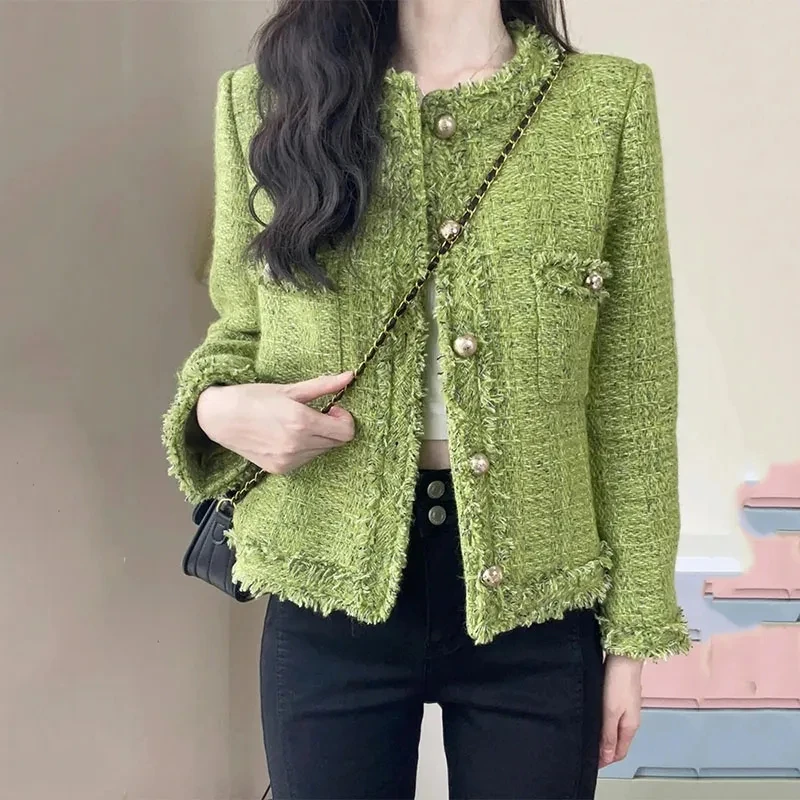 2023 Nieuwe Herfst Koreaanse Single-Breasted Korte Tweed Jas Vrouwen Lange Mouwen Vintage Groene Casual Jassen Dames Bovenkleding