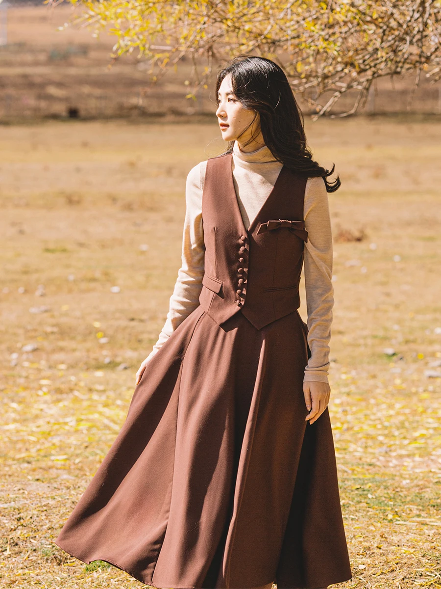 

Оригинальный коричневый винтажный комплект с жилетом и юбкой Sahara с широким подолом, оригинальный дизайн, полиэфирная ткань, V-Ne, кл...