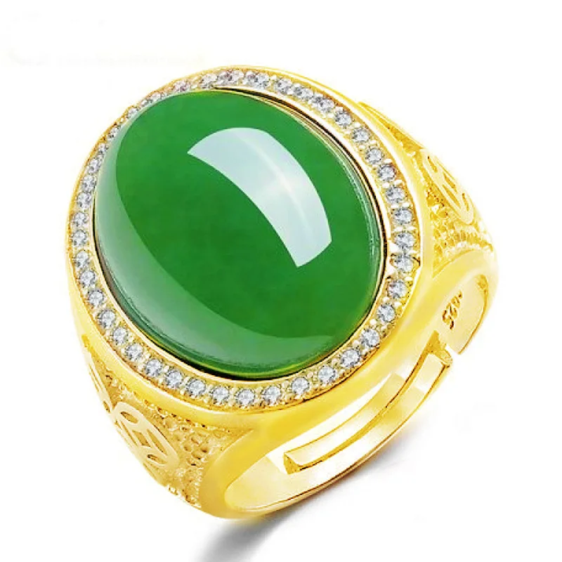 Top Grade Jade Green Oval Ring For Men Jewelry 925 Silver Male Wedding Ring With Shining Stones Hollow Coin Finger Accessories