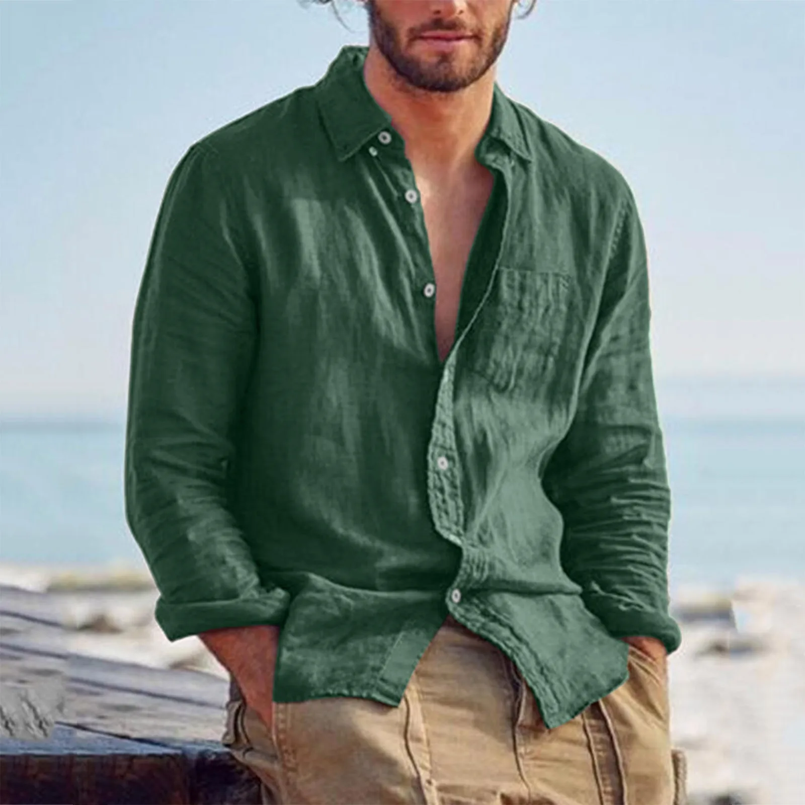 Men's Green Cotton Linen Casual Shirt Loose All-match Long Sleeve Turn Down Neck Hawaii Shirt Streetwear Leisure Shirts