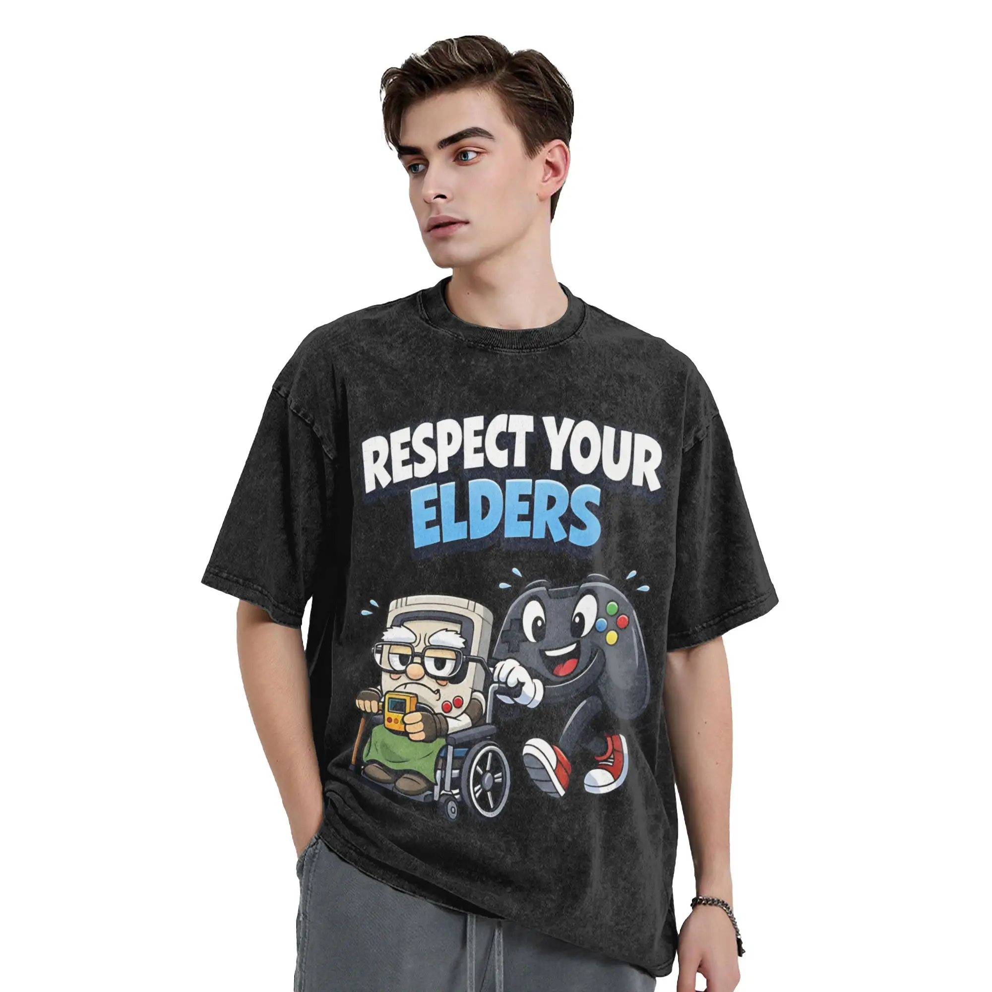 Gaming Respect Your Elders  Vintage Washed T-Shirt Vintage 100% Cotton Tees Round Neck Short Sleeve T Shirt Gift Idea Tops