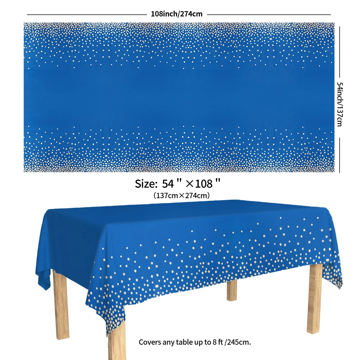 High Quality 137x274cm Dark Blue Rectangle Disposable Waterproof Party Tablecloth for Birthday Wedding Silver Dot Table Cover