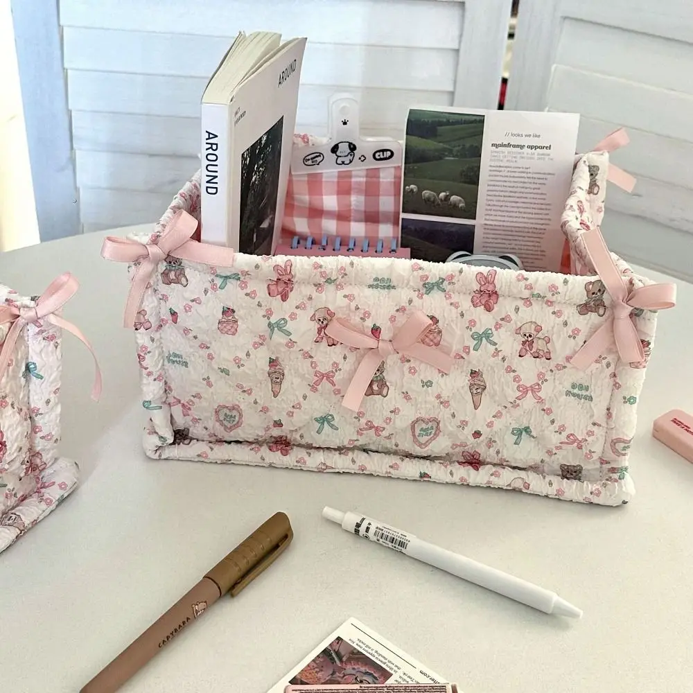 New Quilting Cotton Storage Box Bear Pattern High-capacity Desktop Storage Basket Square Cartoon Storage Frame Home Decoration