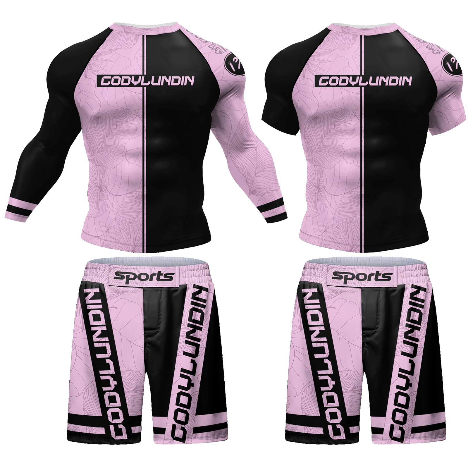 Chie Lundin-Conjunto de camiseta de compresión y pantalones cortos para hombre, de 2 piezas traje deportivo, color rosa, No Gi Bjj Rash Guard, Baselayer MMA