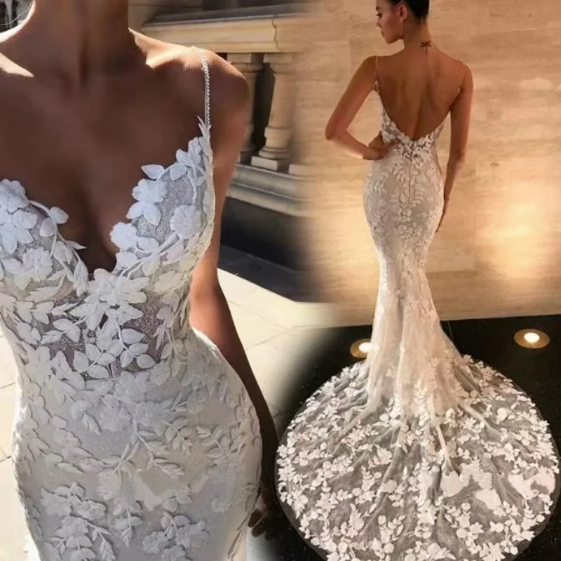 

Boho Wedding Dresses Mermaid Bridal Dress 2023 V-Neck Spaghetti Straps Backless Lace Appliques Beach Bride Gown Vestido De Noiva