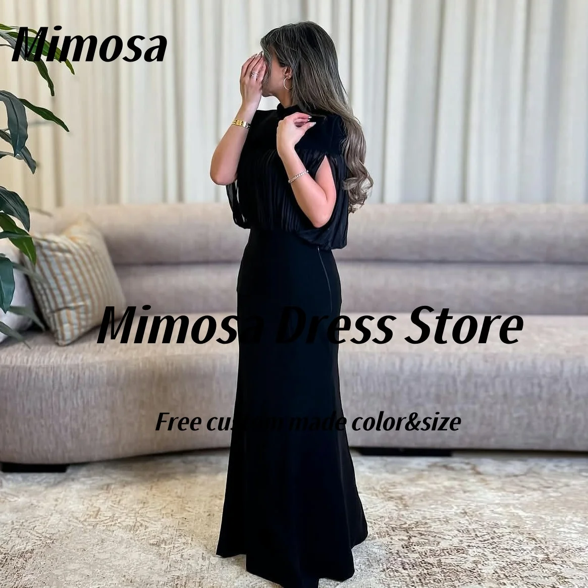 

Черные платья для выпускного вечера Mimosa 2025 с высоким воротником и рюшами Vestidos Des Fiesta, длинное элегантное вечернее платье на молнии сзади по индивидуальному заказу
