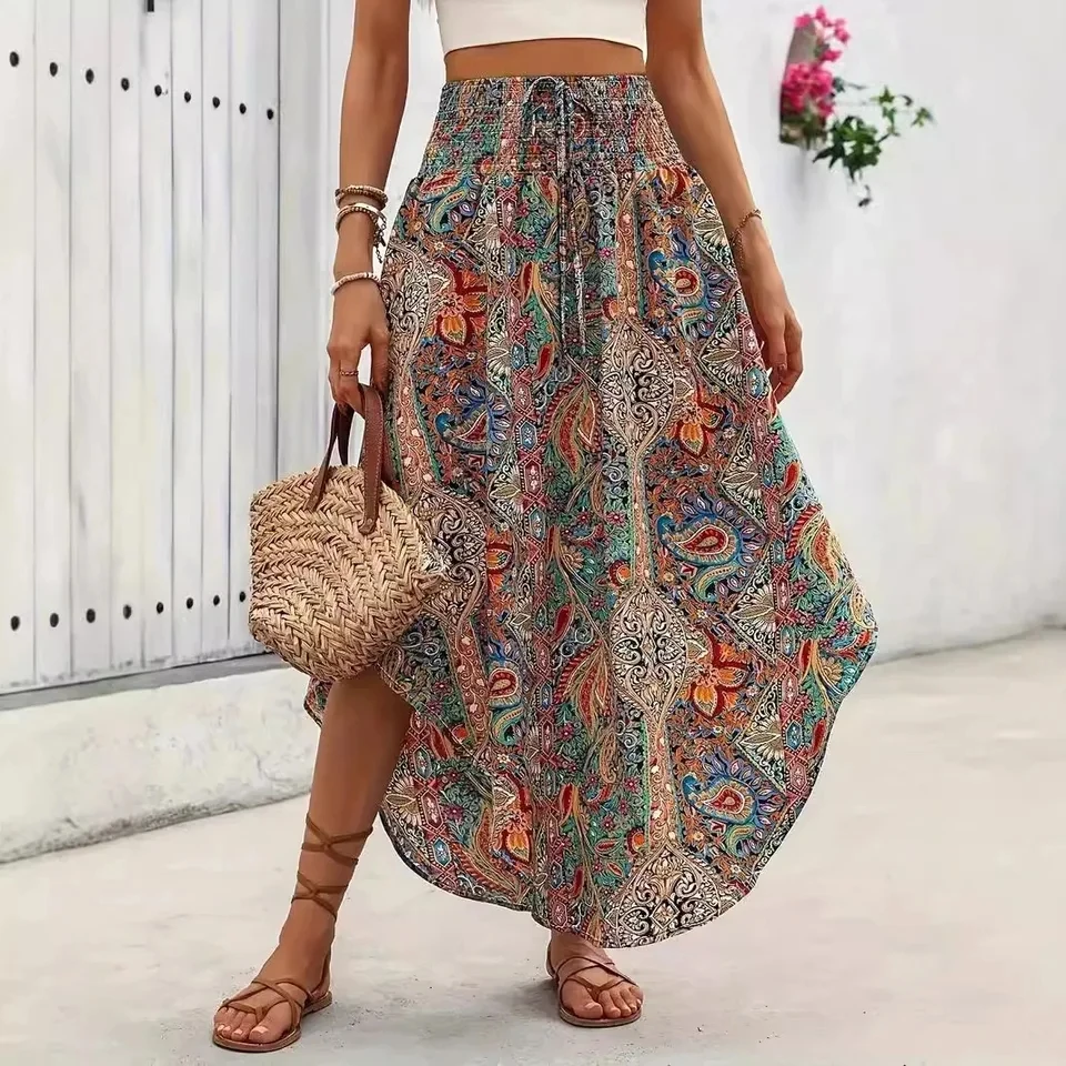 Bohemian Boho Vintage Floral Print Skirts Women Summer High Waist A-Line Pleated Elastic Long Skirts Casual Holiday Beach Skirt