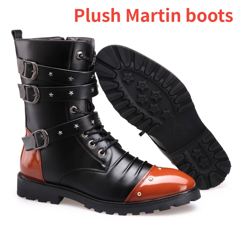 

Men's plush leather boots punk style motorcycle boots men's trendy rivets fashionable jeans boots high-quality Martin boots