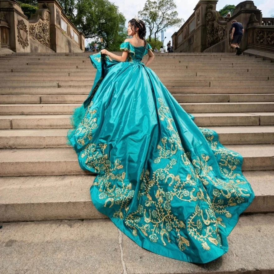 Teal Princess Quinceanera fur ses, Tulle Appliques, Sweet, Ball Gown, Off The Initiated, Mexican, 16, 15 Ans