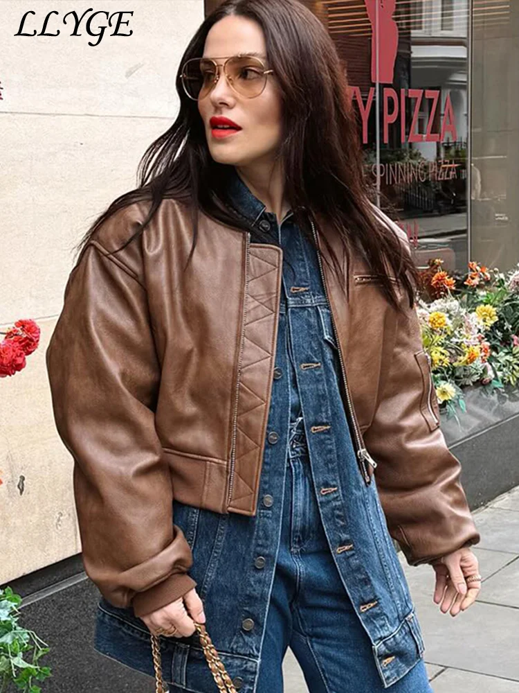 Fashion Imitation Leather Bomber Jacket Women Loose O-neck Zipper Short Coats 2024 Autumn Lady Vintage Locomotive Style Outwear