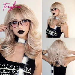 Blonde Golden Brown Long Wave Synthetic Wigs with Bangs for Women Afro Lolita Cosplay Wig Daily Natural Hair Heat Resistant Use