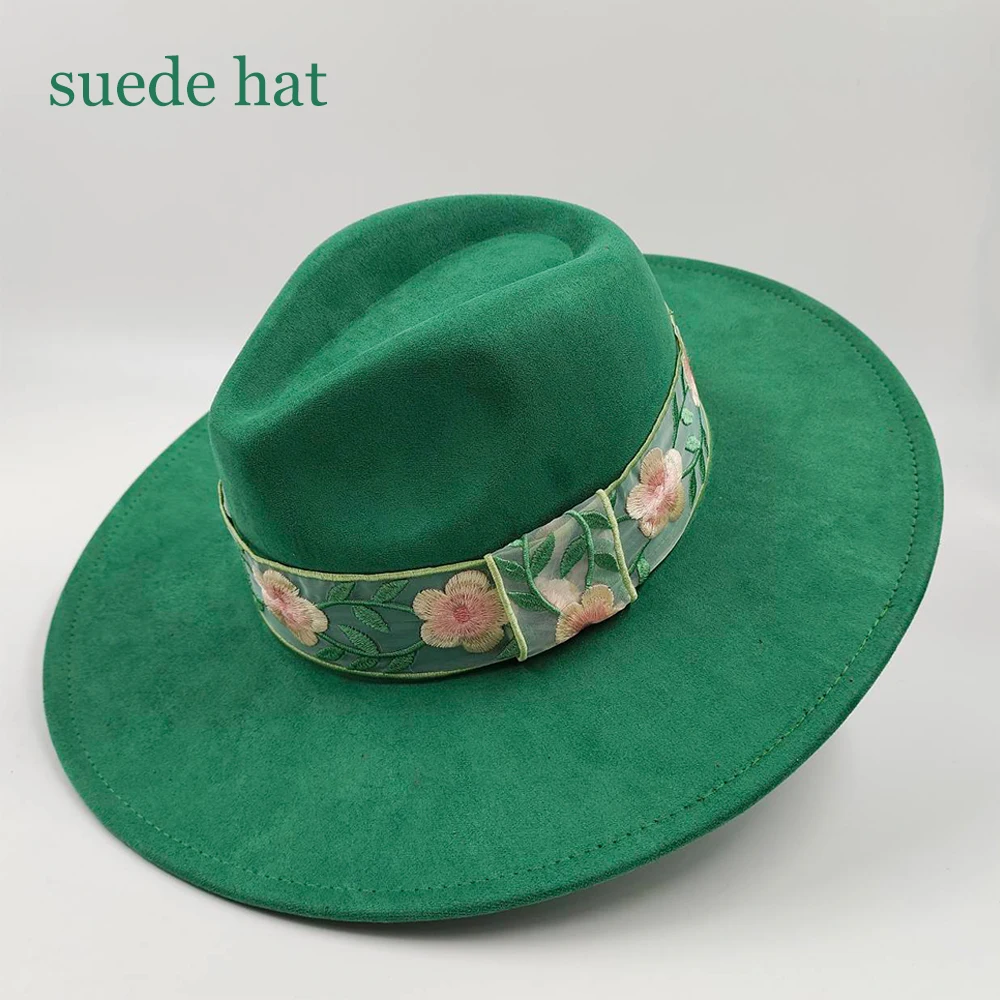 New Suede Green Fedora Hats for Women Men 9.5cm Wide Brim Panama Western Cowboy Hat Winter Jazz Church Sombrero Caps