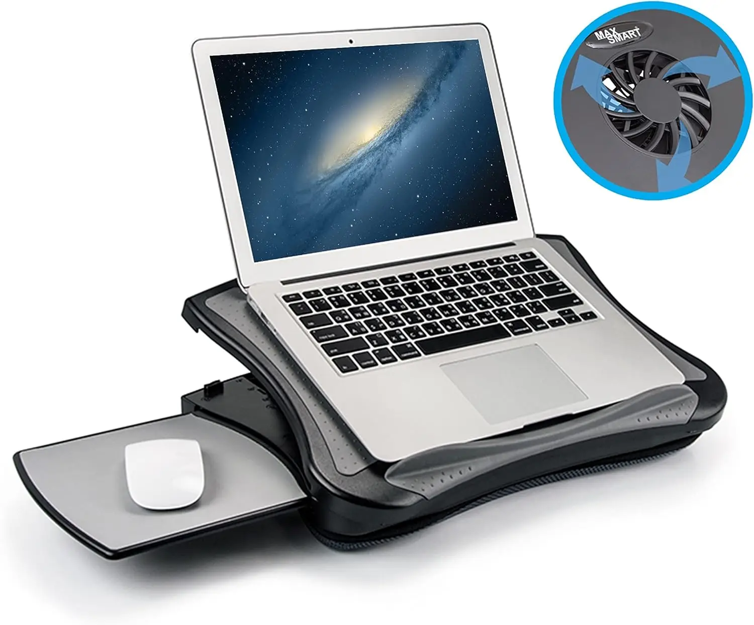 

Adjustable Laptop Stand with Cooling Fan, Detachable Mouse Pad & Cushion for Home, Office, Bed or Car Use