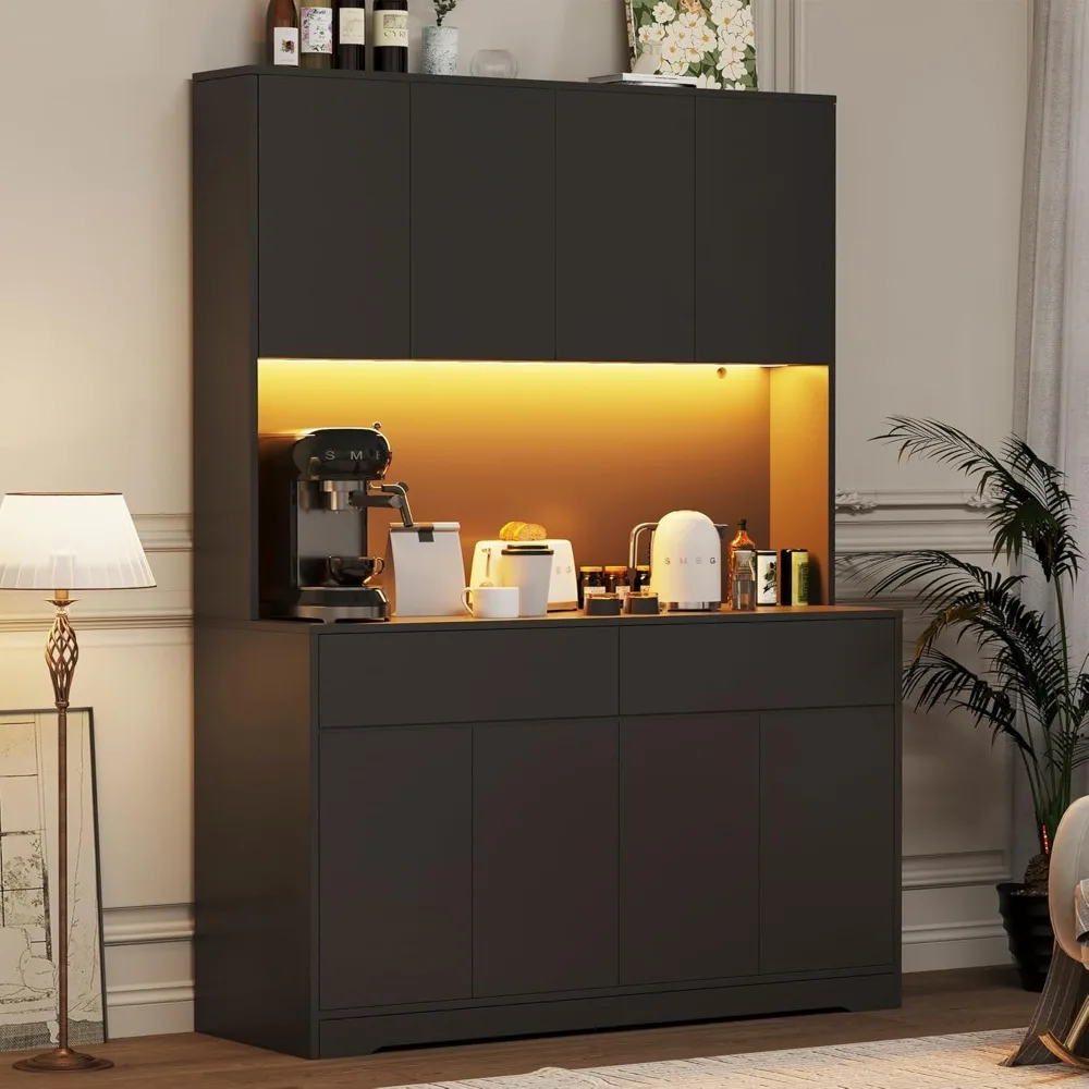 

Large 71 Inch Tall Kitchen Pantry Cabinet with 47 Inch Width, Power Outlet, LED Lighting, and 2 Drawers, 8 Shelves
