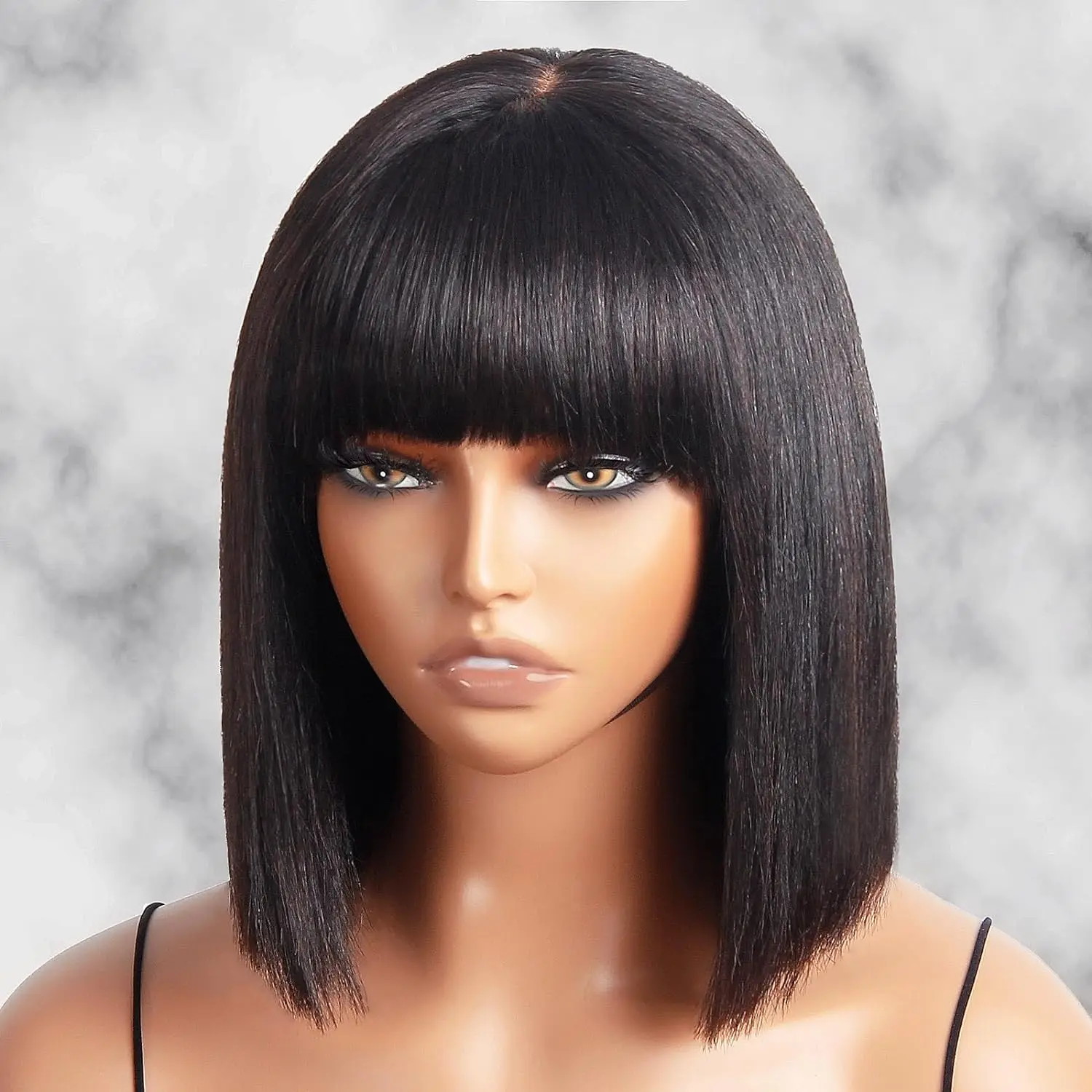 Gluesless Straight Short Bob Human Hair Wigs with Bangs 2x1 Lace Front Wigs Brazilian Straight Bang Bob Wig for Black Women Wigs