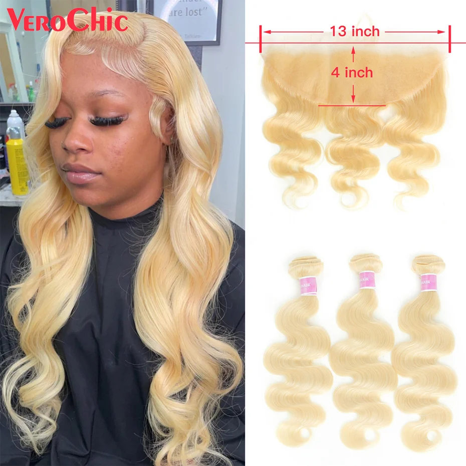 Pacotes de cabelo humano brasileiro com fechamento para mulheres, Remy Lace Frontal, loira 3 4 Pacotes, 613