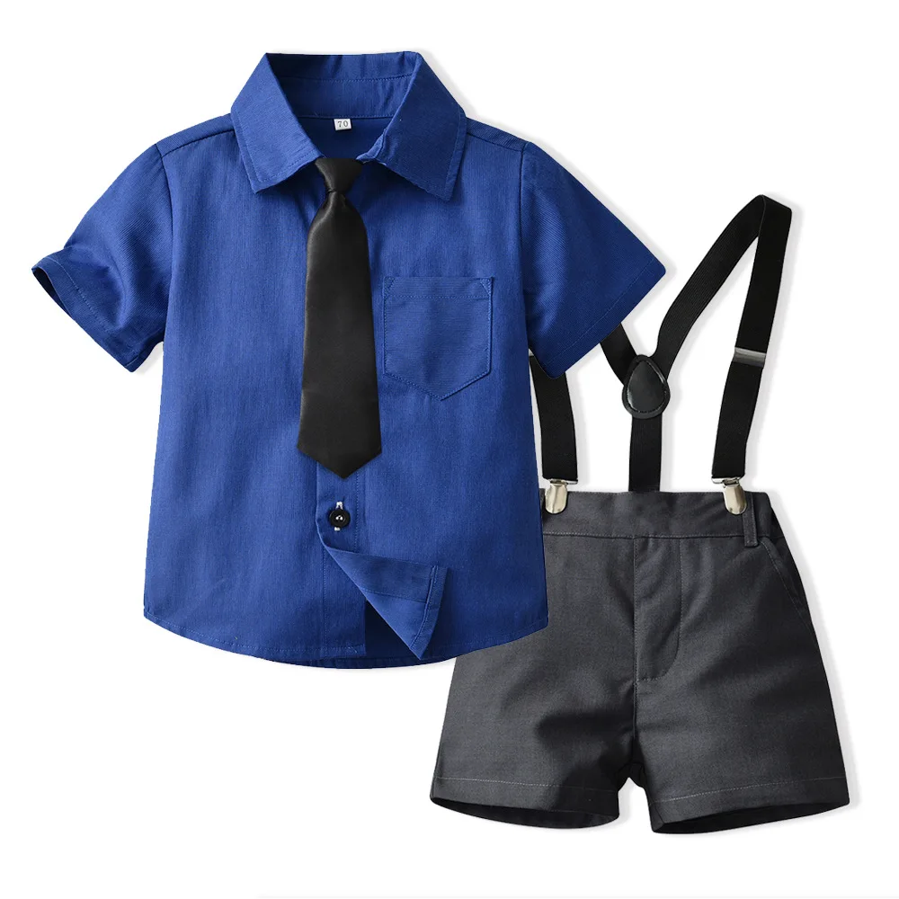 

Children's Boys Summer Suit Short Sleeved White Shirt with Tie Dark Blue Shorts Performance Newborns Baby Boy