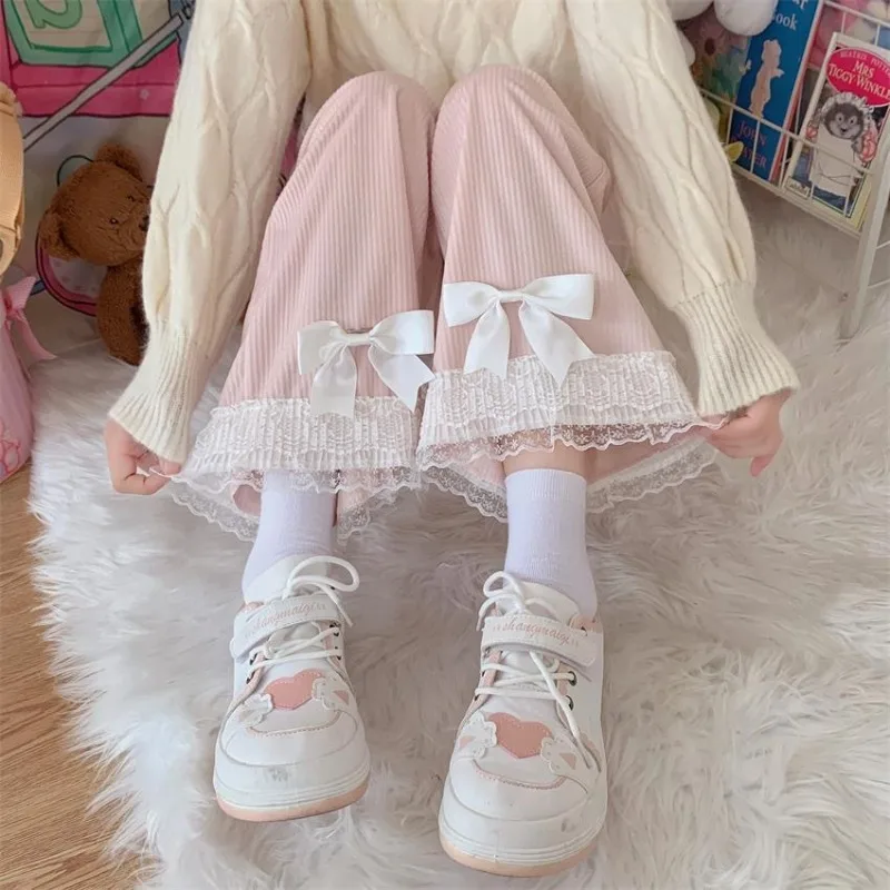 Japanische weiche Mädchen Lolita niedlichen Spitze Rand Cord Herbst Patchwork Mode einfarbige Schleife lässig weites Bein gerade Bein Hosen