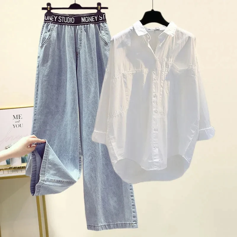 Korean Style Elegant Women's Pants Set Loose Casual Chiffon Shirt Pierced Jeans Two-piece Set Outfits Female Blouse Tracksuit