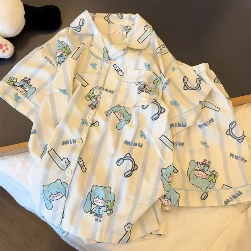 하츠네 미쿠 만화 얇은 아이스 실크 잠옷 투피스 세트, 가정용 항균 컴포트 카디건, 반팔 반바지, 여름