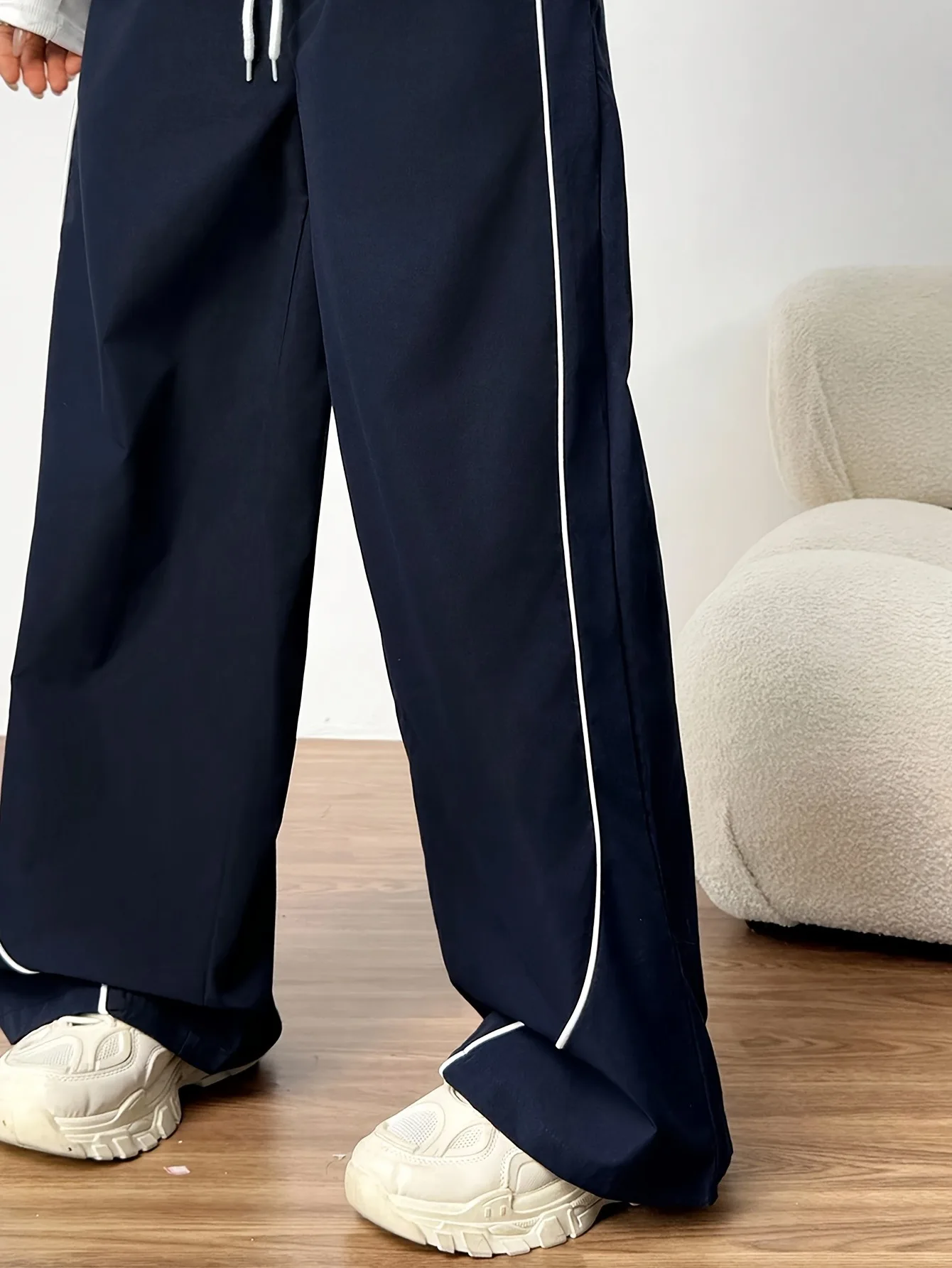 Girls Navy Blue Contrast Piping Wide Leg Pants High Waist Elastic Drawstring Waist Casual Streetwear Joggers