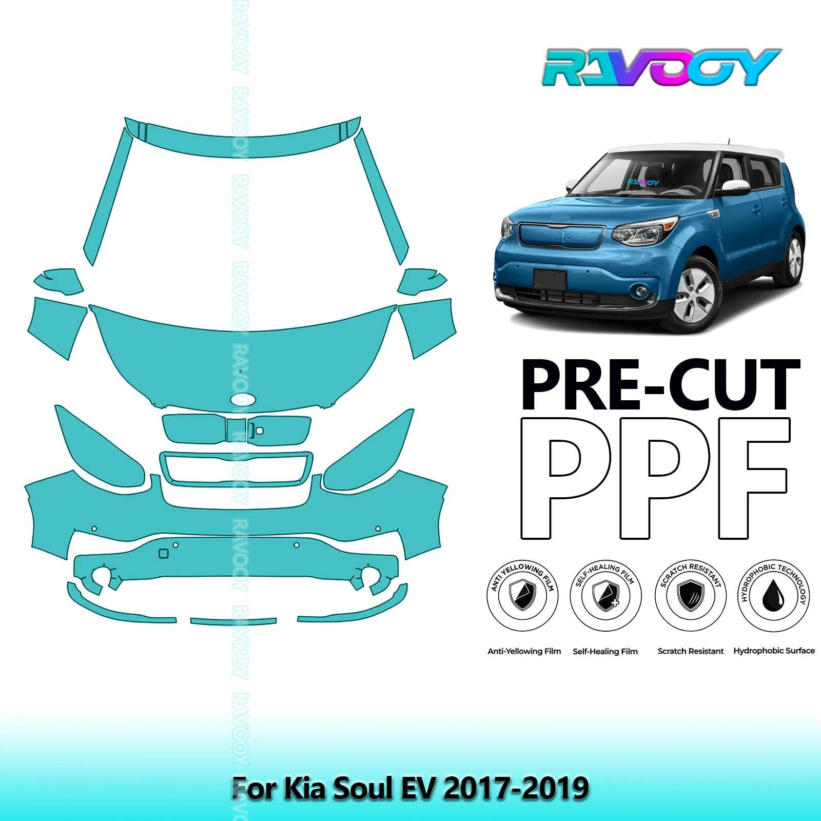 

8,5 мил предварительно вырезанная защитная пленка PPF, прозрачный бюстгальтер, передний комплект для Kia Soul EV 2017-2019