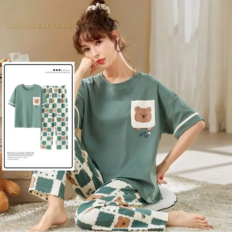 Summer Big 5XL Pajama Sets Short Sleeved Cartoon PJ Knitted Plaid Sleepwear Women\'s Pajamas Loungewear Home Pijama Mujer Fashion