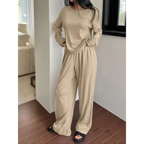 Plus Size 1XL-5XL Woman 2 Piece Sets Solid color Pant Sets Summer Woman Solid Color Top Elastic Suits Long Sleeve Outfits