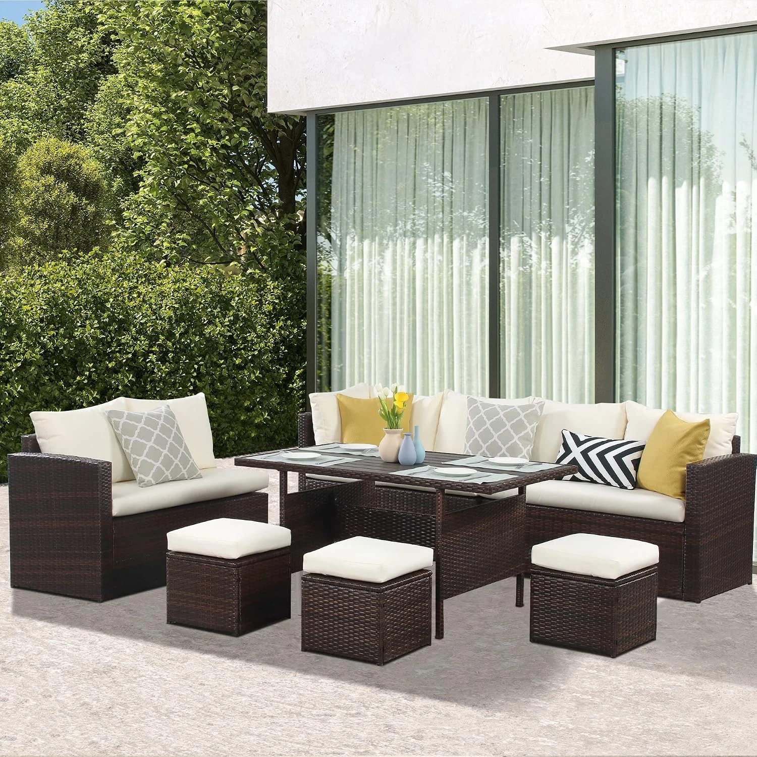7 Piece Outdoor Wicker Patio Furniture Set, PE Rattan Sectional Sofa with Wood Plastic Table & Ottomans, Steel Frame, Beige Cushions