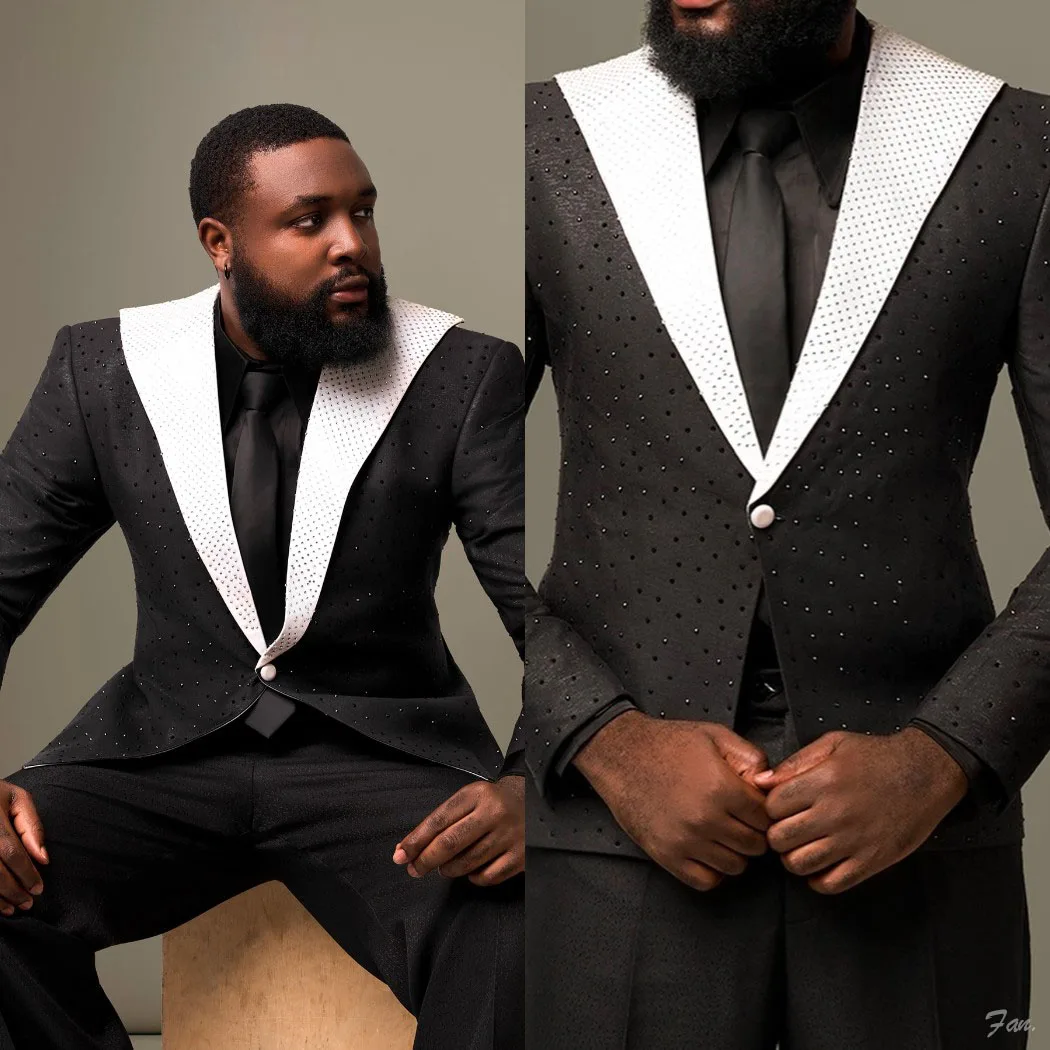 Luxury Black Single Breasted Tuxedo Jacket with White Studded Contrast Shawl Lapel and Scattered Rhinestone Customized M264947
