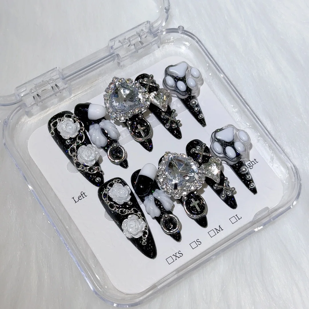 

Handmade Beautiful Y2k Press on Nails Goth Style Black and White Halloween with Design Full Cover Long Coffin Acrylic Nail Tips