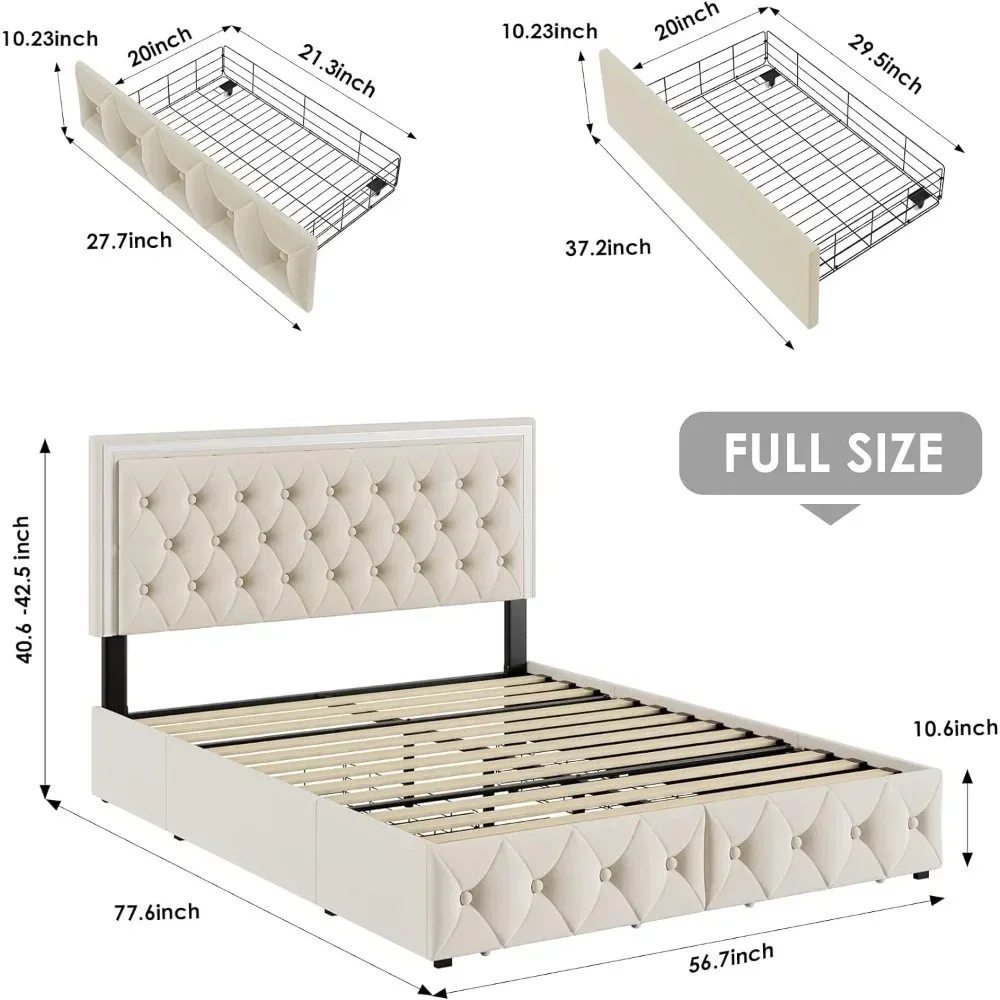 King Bed Frame with 4 Drawers, Velvet Platform Storage Bed with Adjustable Button Tufted Headboard,Full Upholstered LED Bed