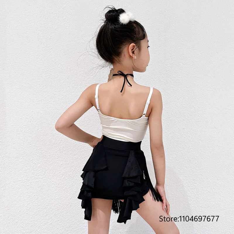 

Новое платье для латиноамериканских танцев, детская одежда для выступлений в стиле латино, боди без рукавов, черная юбка с бахромой, тренировочная одежда для ча-ча-ча и самбы