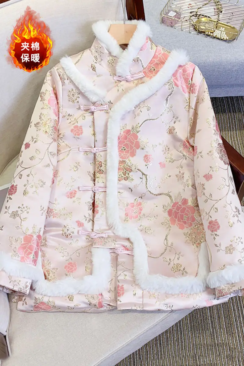 Ethnic Retro Button Chinese Style Cotton Padded Clothes Women\'s Rabbit Fur Collar Embroidery Autumn And Winter Jacket Coat T2058