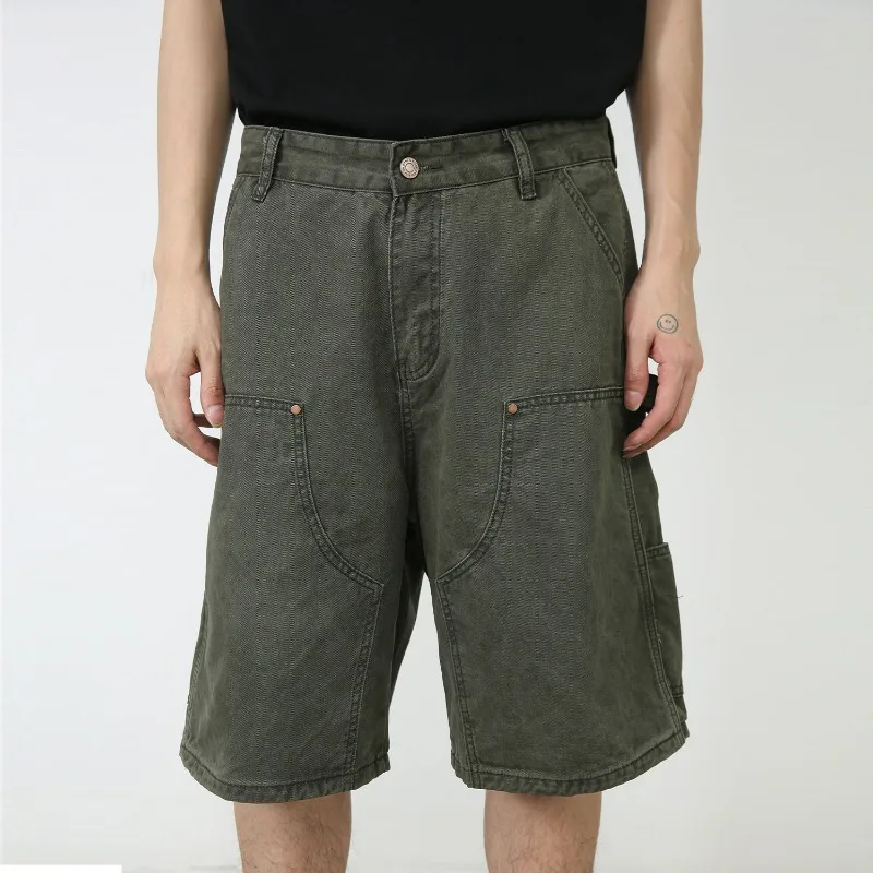 KIDWHXR 2026 Summer Man Cargo Pant Vintage Solid Color Loose Man Short Pant Mid Waist Casual Outdoor Male Knee Length Pant