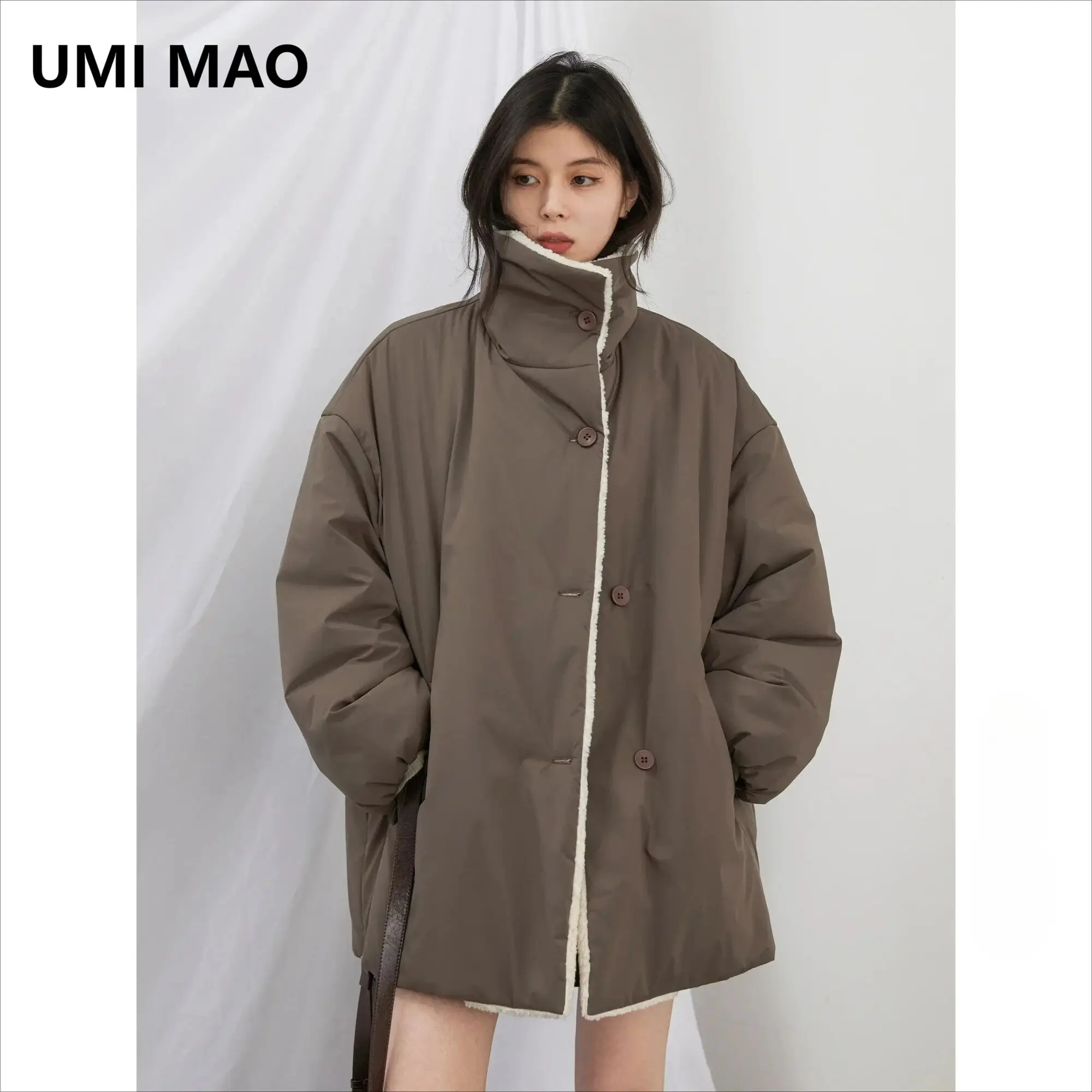 

UMI MAO Korean Women Jacket Solid Loose Casual Contrast Plush Coat Single Breasted Thickened Female Overcoat Autumn Winter