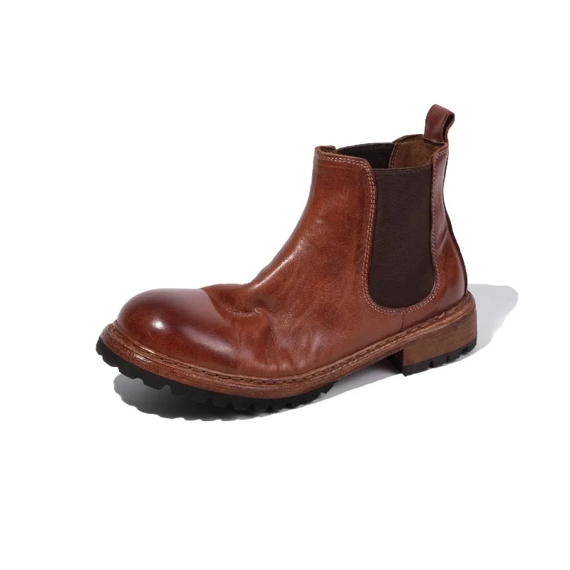 

British Style Chelsea Boots Men's Retro Genuine Leather Ankle Boots Riding Chimney Handmade Boots Male Outdoor Hiking Shoes