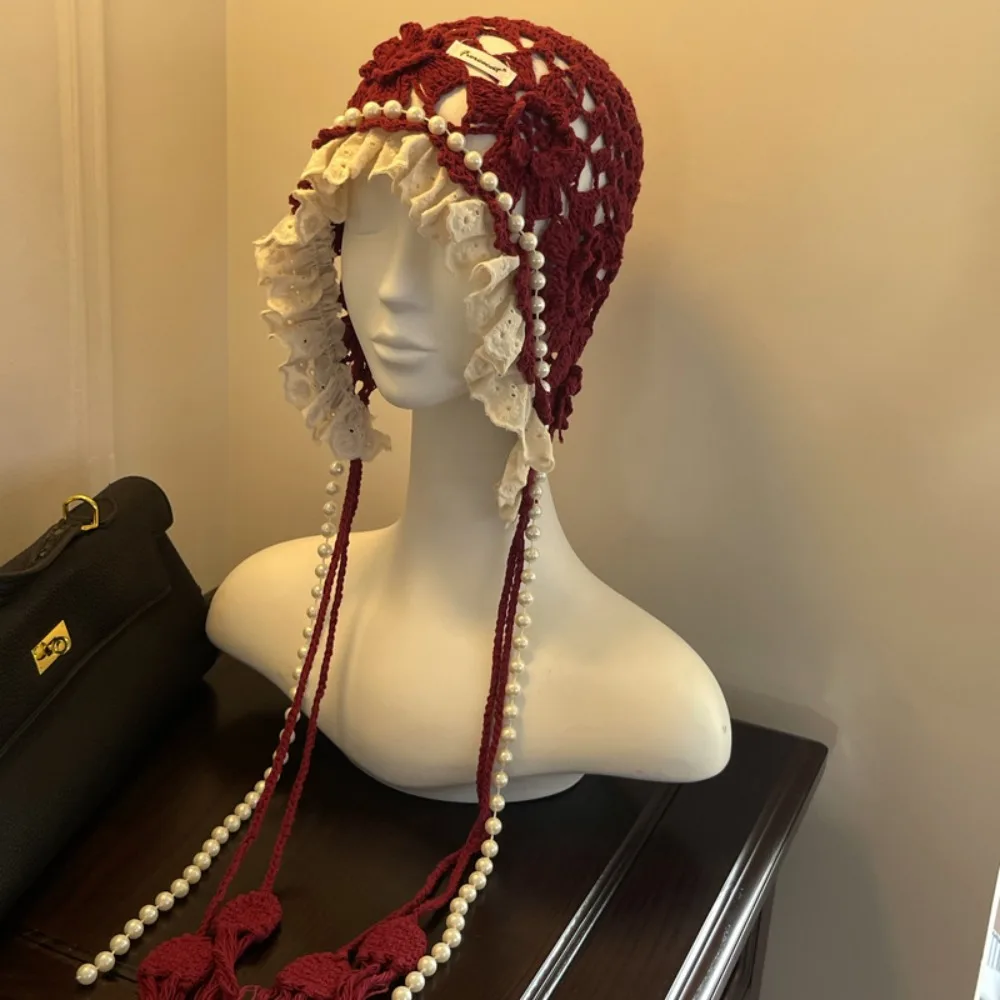 

Pearl Tassels Crochet Flower Knitted Hat Hollow Out Bohemian Style Lace Beanies Handmade Thin Ethnic Style Hat
