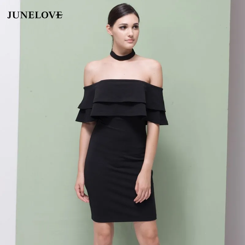 Bella Philosophy summer new women's bandeau double ruffles off shoulder Slim bodycon sexy party dress with a choker