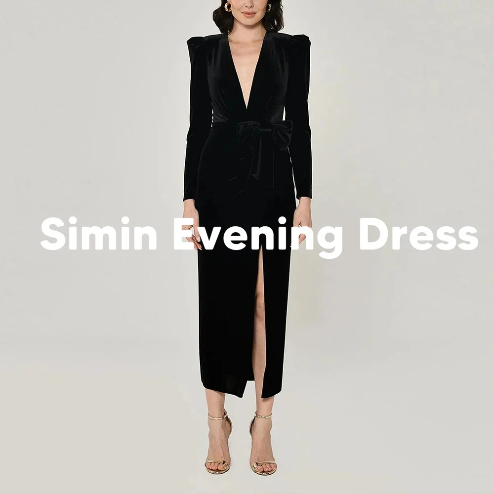 

Simin Customized Women's V-neck Sashes Bow Saudi Evening Dresses With Long Sleeves Split Tea-Length Formal Elegant Dresses 2025