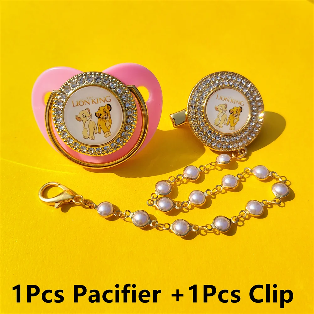 2pcs Simba Cartoon Lion Animal Image Gold Blue Pink White Bling Pacifiers and Holder 1 Set Pearl Creative Luxury Soothing Nipple