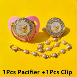 2pcs Simba Cartoon Lion Animal Image Gold Blue Pink White Bling Pacifiers and Holder 1 Set Pearl Creative Luxury Soothing Nipple